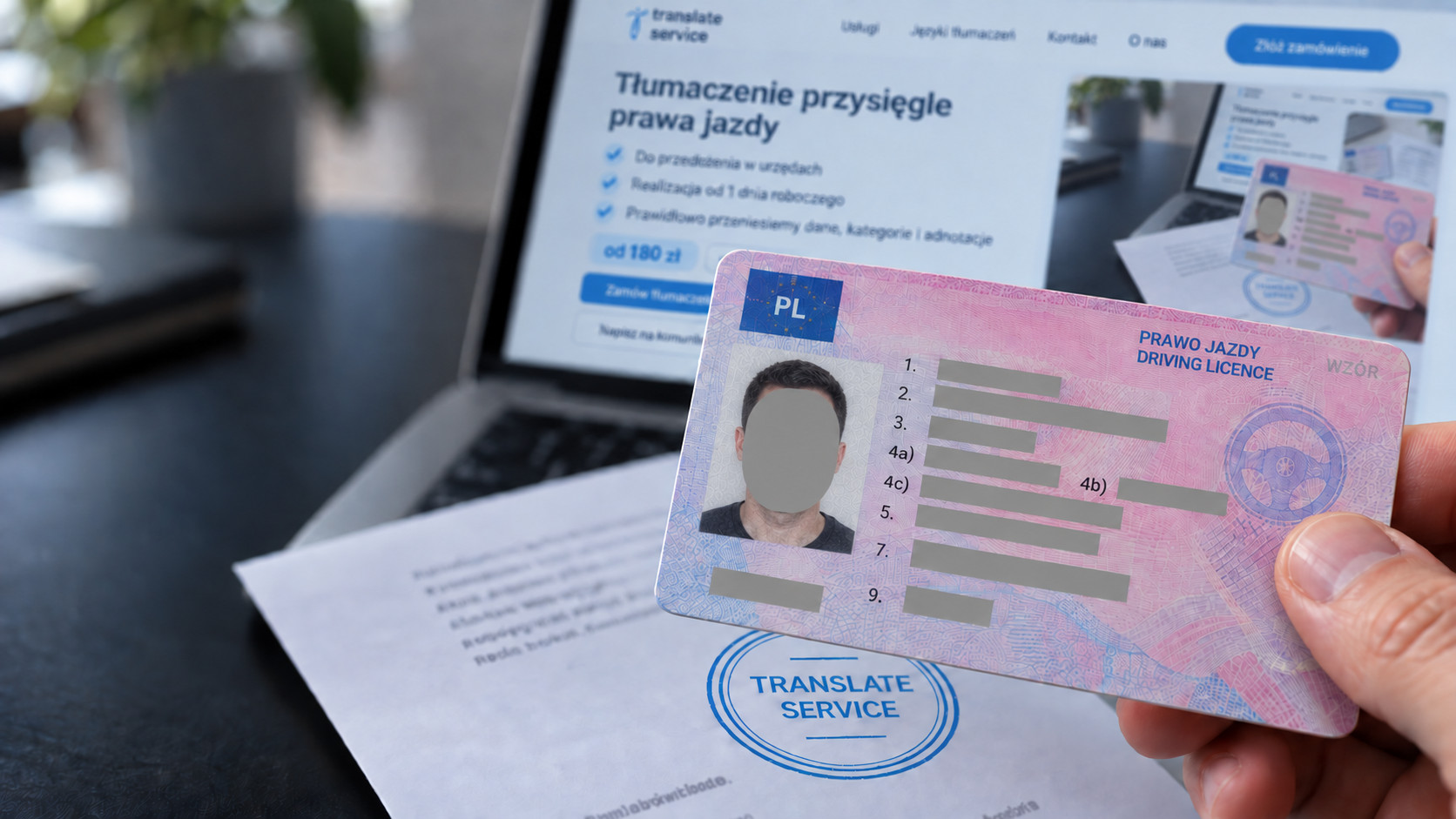 Водительское удостоверение и его перевод рядом с ноутбуком Translate Service