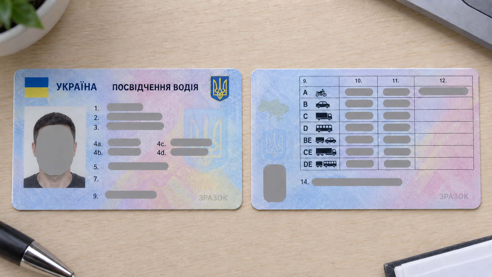 Украинское водительское удостоверение — лицевая и оборотная стороны