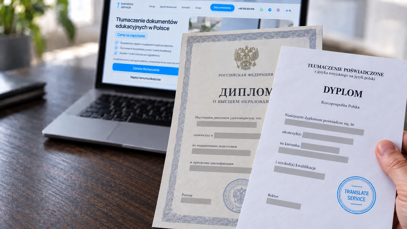 Переклад документів про освіту поряд із ноутбуком Translate Service