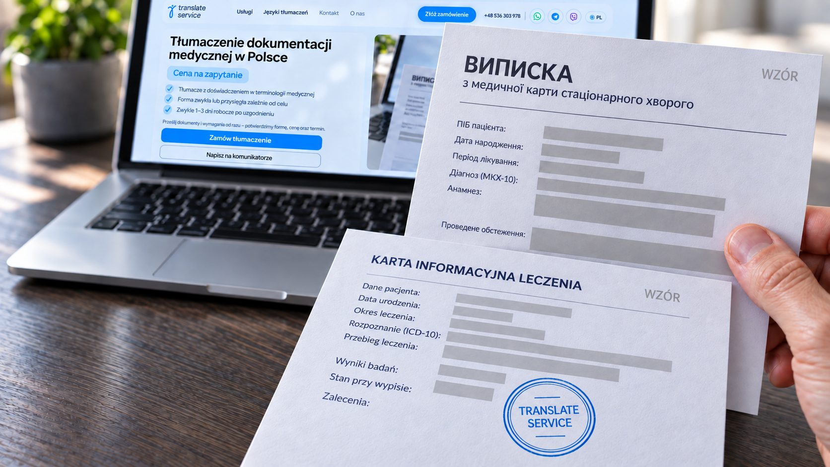 Переклад медичних документів поруч із ноутбуком Translate Service