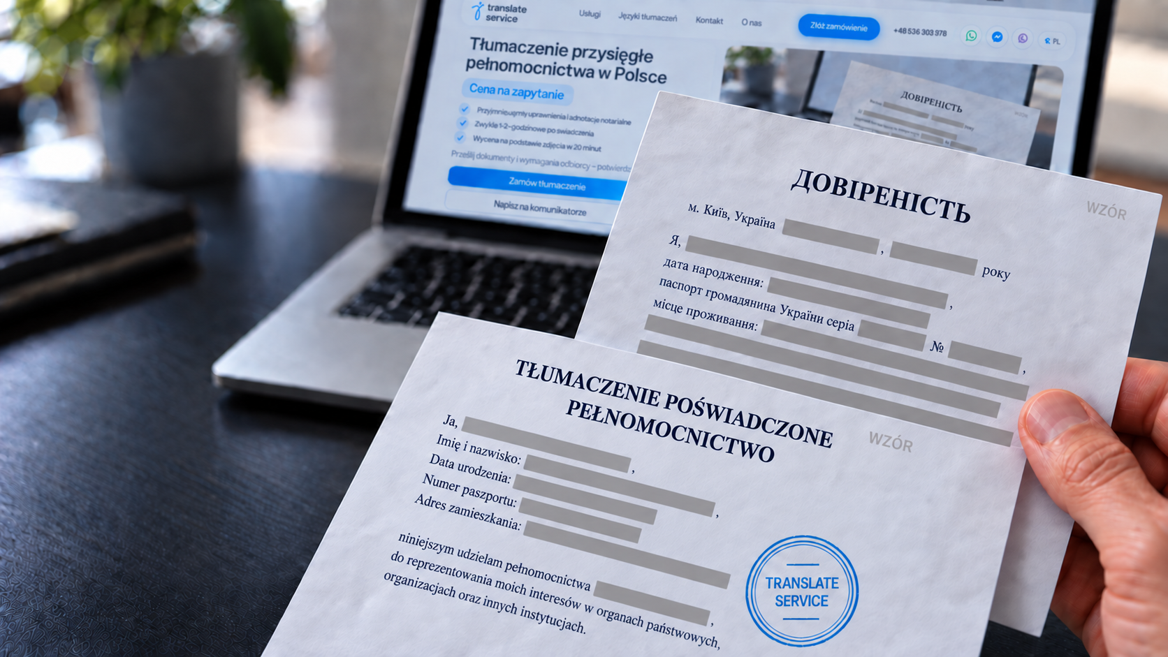 Power of attorney translation beside a Translate Service laptop